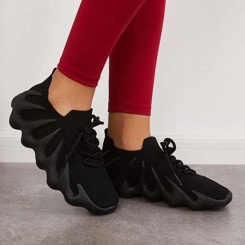 White Breathable Lace Up Running Sneakers Knit Athletic Shoes