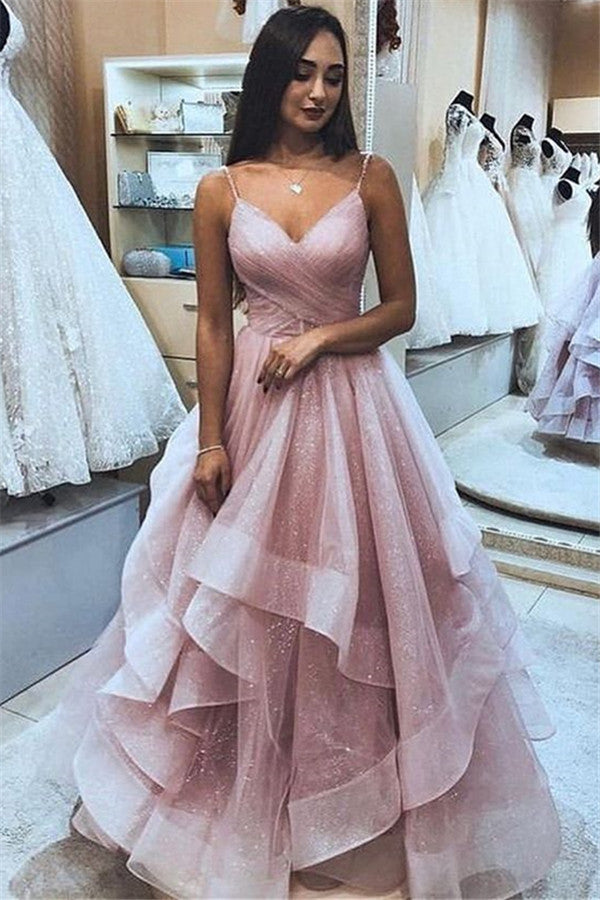 Bmbridal Spaghetti-Straps V-Neck Prom Dress Tulle Sleeveless Evening Gown