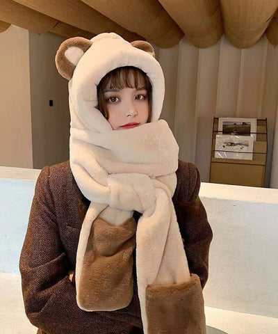 Niedlicher Winter-Teddy-warmer Hut, Schal und Handschuh integriert
