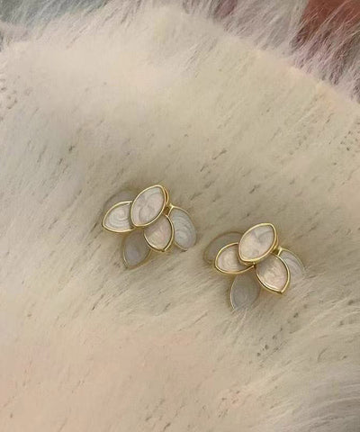 DIY Beige Copper Overgild Zircon Leaf Stud Earrings