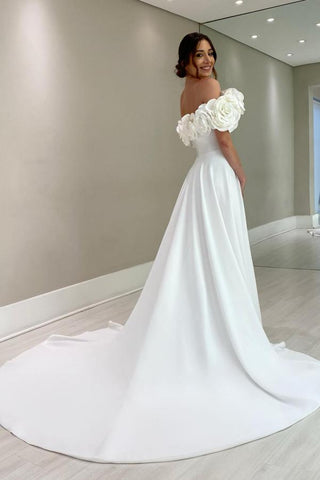 Gorgeous A-Line Chapel Train Off-The-Shoulder Satin Wedding Dresses with Slit