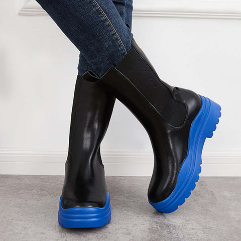 Platform Lug Sole Mid Calf Chelsea Boots Chunky Block Heel Booties