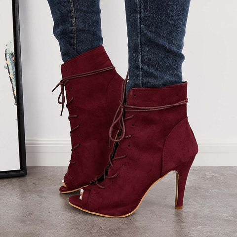 Peep Toe Stiletto High Heel Ankle Boots Lace Up Booties