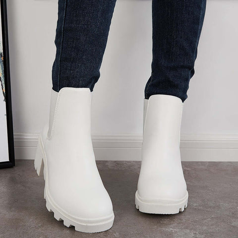 Faux Leather Chelsea Chunky Heel Ankle Boots Lug Sole Booties