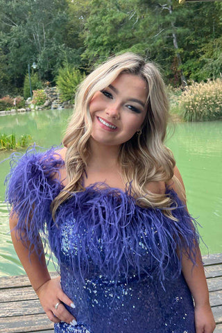 Sheath Strapless Purple Sequins Short Homecoming Dress with Feathers