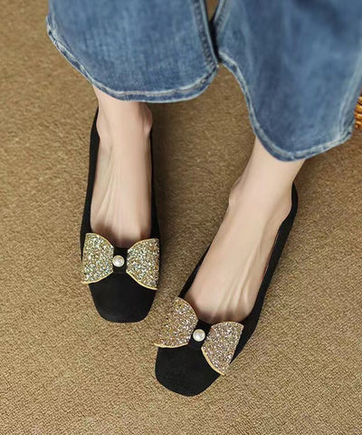 Schwarze, weiche, bequeme Damen-Flats mit Schleife und Zirkonia