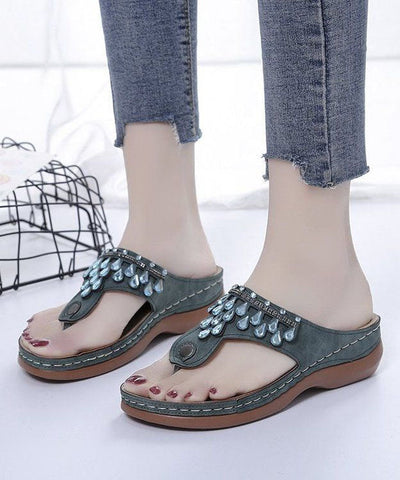 0508Unique Zircon Splicing Wedge Thong Sandals Green Faux Leather