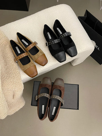 Runde Kappe Damen Loafer Mary Janes 2024 Neuheiten Mode Wohnungen Schwarz Braun Beige Nieten Design Casual Täglichen Schuhe Frau 35-39