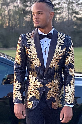 Black and Gold 2 Piece Jacquard Sequins Men's Prom Suits