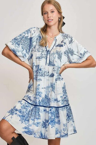 Full Size Two Tone Landscape Print Resort Dress