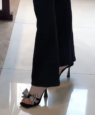Mode Spleißen High Heel Slide Sandalen Schwarz Schleife Zirkon