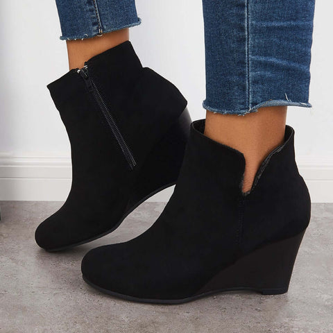 Cutout Ankle Wedge Booties V-cut Stacked Heel Boots