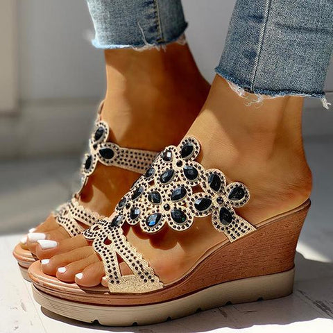 Rhinestone Embellishment Platform Wedges Slip-on Sandals