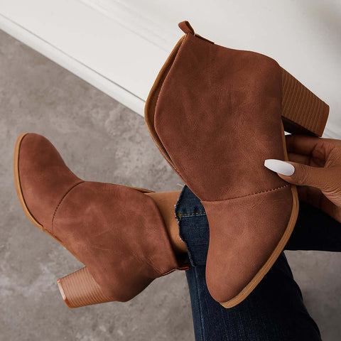 Retro Western V Cut Ankle Boots Slip On Chunky Stacked Heel Booties