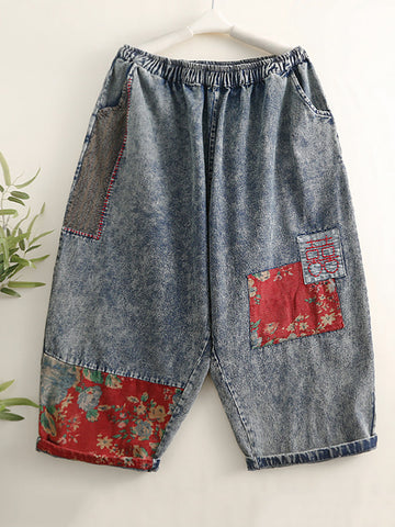 Women Summer Vintage Patch Spliced Worn Denim Pants