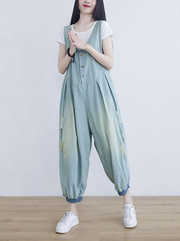 Women Summer Solid Frayed Pleat Pocket Vest Denim Jumpsuits