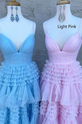 Tulle Tiered Spaghetti Straps Long Prom Dress with Slit
