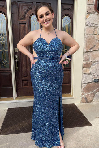 Sheath Halter Grey Blue Sequins Cut Out Plus Size Prom Dress with Split Front