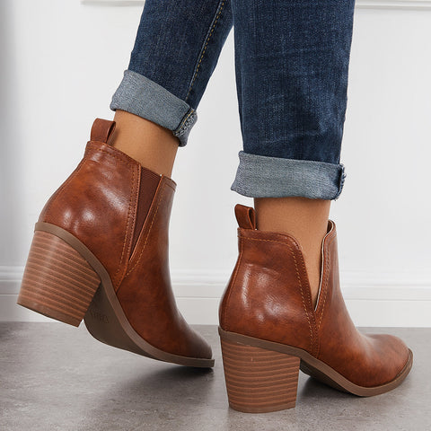 Cutout Western Ankle Cowboy Boots Chunky Stacked Heel Booties