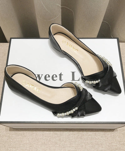 Schwarze Schleife Perle Splicing Boutique Flache Schuhe Spitzschuh