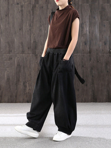 Leisure Solid Denim Puff Pants Bottoms