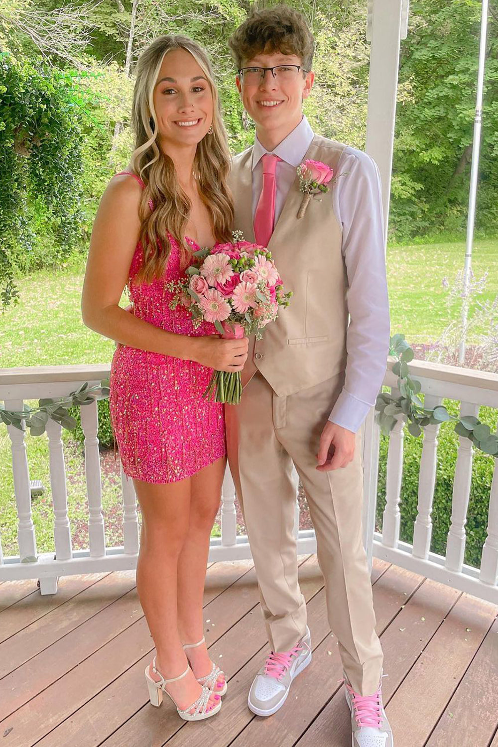 Sheath Spaghetti Straps Pink Sequins Short Homecoming Dress with Tassel