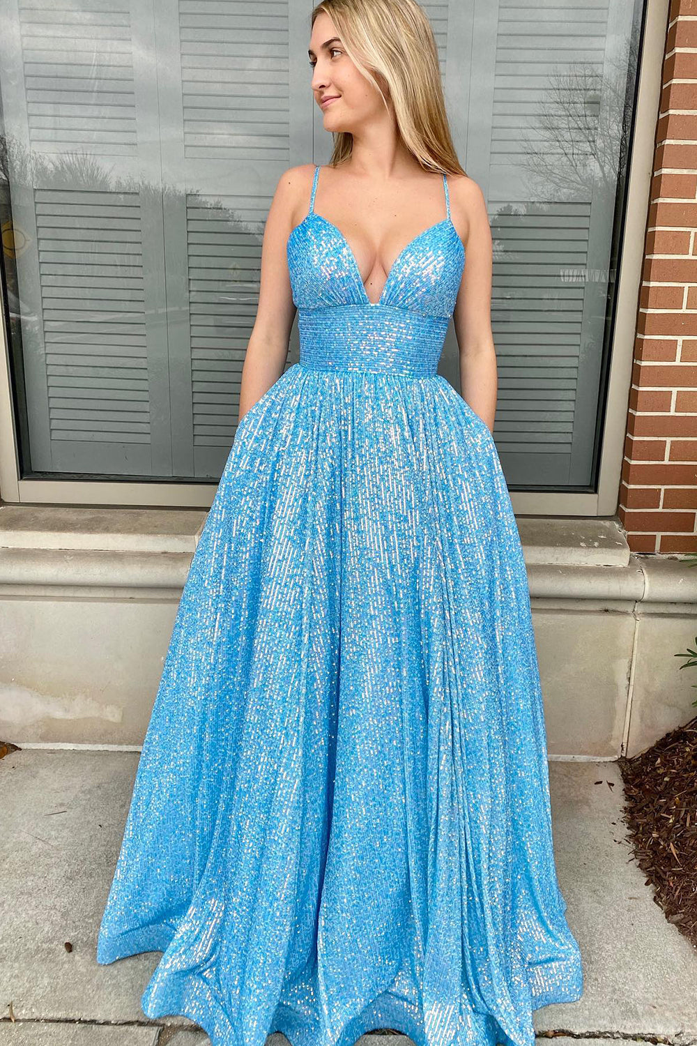 Fuchsia Sequins Spaghetti Straps A-Line Long Prom Dress