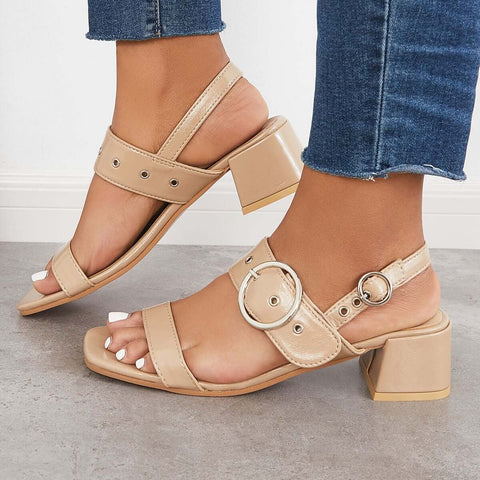 Square Toe Block Low Heel Dress Shoes Buckle Straps Sandals