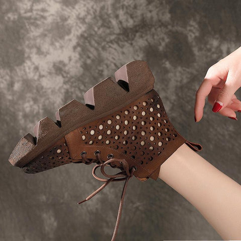 Leather Retro Lace-Up Thick-Soled Ethnic Hollow Boots