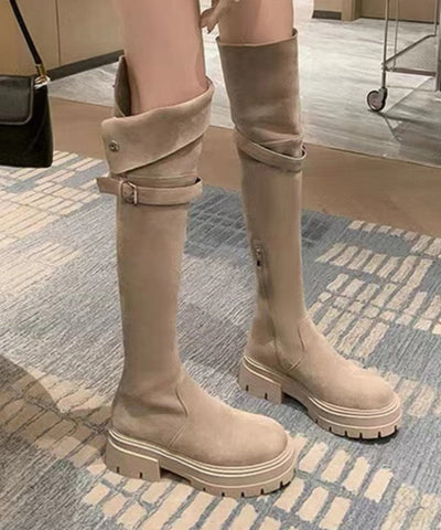 Style Apricot Belt Buckle Platform Boots