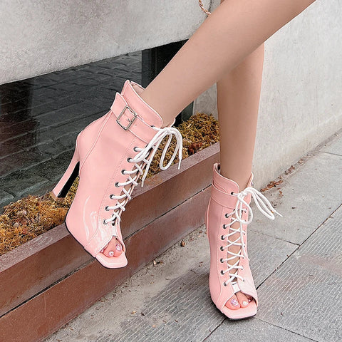 Summer High Heels Ankle Boots for Women 2024 Spring Peep Toe Lace Up Pumps Party Jazz Dance Shoes Ladies Booties Large Size 47