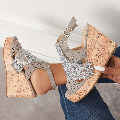 Open Toe Lace Platform Cork Wedges High Heel Sandals
