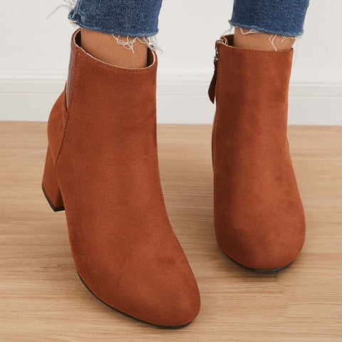 Chunky Block Mid Heel Ankle Boots Side Zipper Booties
