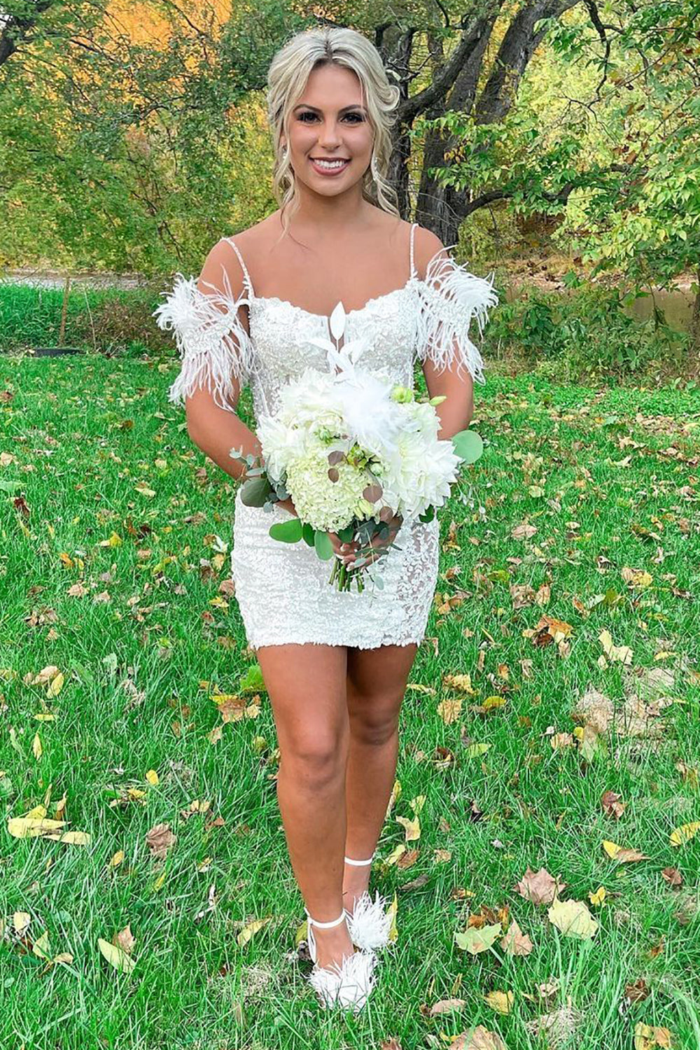 Sheath Off the Shoulder Galaxy Blue Sequins Short Homecoming Dress with Feather