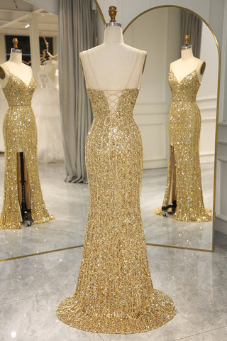 Bling Mermaid Spaghetti Straps Golden Sequins Long Prom Dress with Split Front