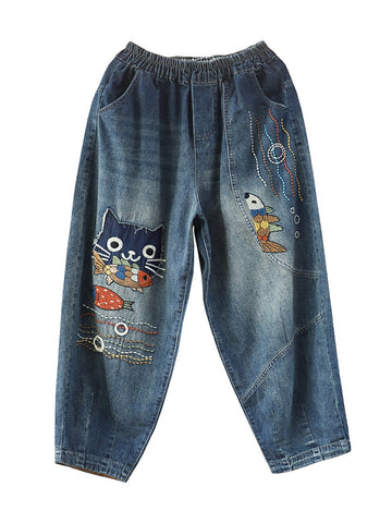Women Summer Vintage Cartoon Patch Spliced Denim Pants