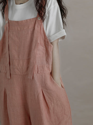 Women Summer Solid Casual Loose Straight-leg Linen Jumpsuits