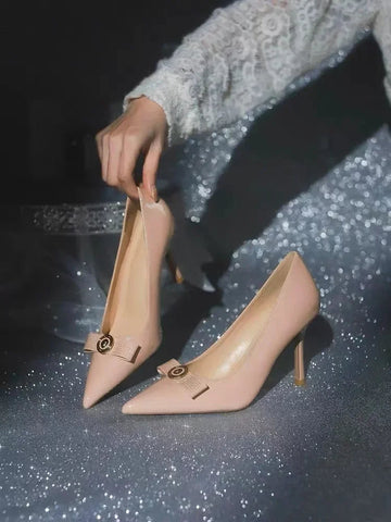 Naked Bow High Heels 2024 Summer New Style Celebrity Sharp Toe Lacquer Leather Thin Heels Shallow Mouth Single Shoes