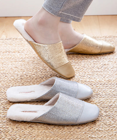 Frauen Silber Hausschuhe Schuhe Spleißen Fuzzy Wolle Gefüttert