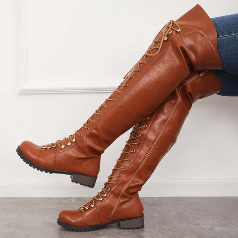 Chunky Heel Lace Up Over The Knee Thing High Riding Boots