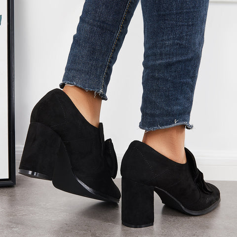Bowknot Pointed Toe Chunky High Heel Pumps Slip on Dress Shoes