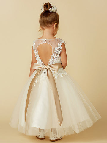 Ballkleid Spitze Tüll Ärmellos Rundhals Hochzeit Festzug Blumenmädchenkleider