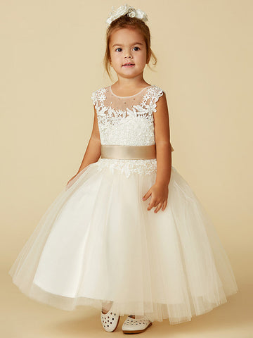Ballkleid Spitze Tüll Ärmellos Rundhals Hochzeit Festzug Blumenmädchenkleider