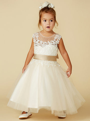 Ballkleid Spitze Tüll Ärmellos Rundhals Hochzeit Festzug Blumenmädchenkleider
