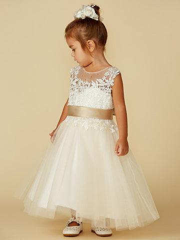Ballkleid Spitze Tüll Ärmellos Rundhals Hochzeit Festzug Blumenmädchenkleider