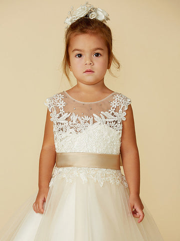Ballkleid Spitze Tüll Ärmellos Rundhals Hochzeit Festzug Blumenmädchenkleider