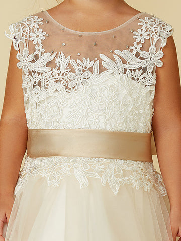 Ballkleid Spitze Tüll Ärmellos Rundhals Hochzeit Festzug Blumenmädchenkleider