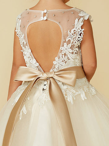 Ballkleid Spitze Tüll Ärmellos Rundhals Hochzeit Festzug Blumenmädchenkleider