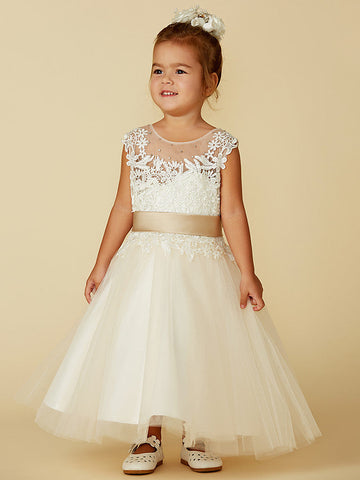 Ballkleid Spitze Tüll Ärmellos Rundhals Hochzeit Festzug Blumenmädchenkleider