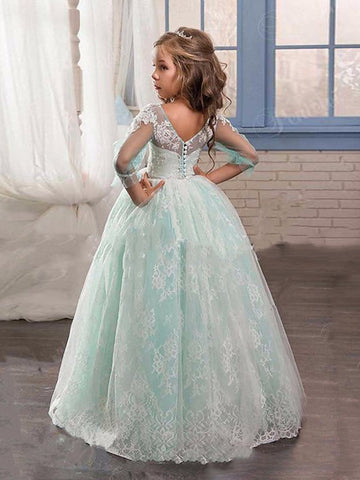 Ballkleid Spitze Tüll Sweep Pinsel Zug Hochzeit Party Blumenmädchenkleider mit Ärmeln